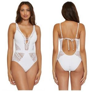 NWT Becca white crochet plunge tie back one piece swimsuit size XL resort wear
